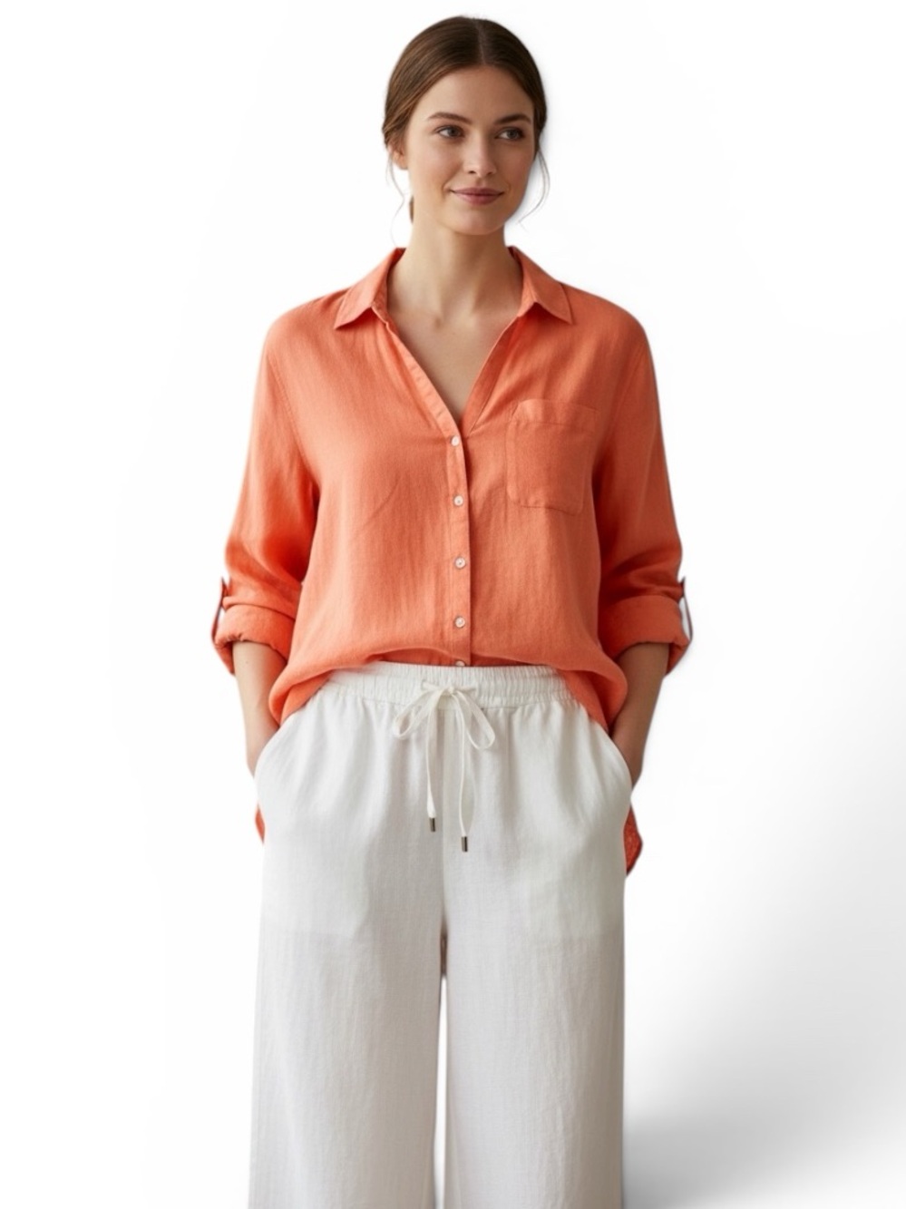 Sigrid Olsen Linen Shirt Womens M Orange Coral Button Up Long Sleeve Roll Tab